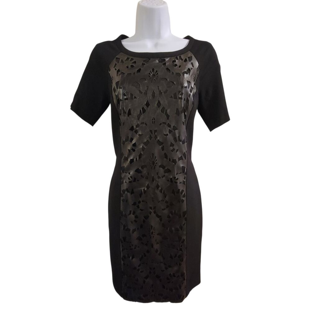 Laundry by Shelli Segal Black Faux Leather Laser Cut Sheath Dress Size 2